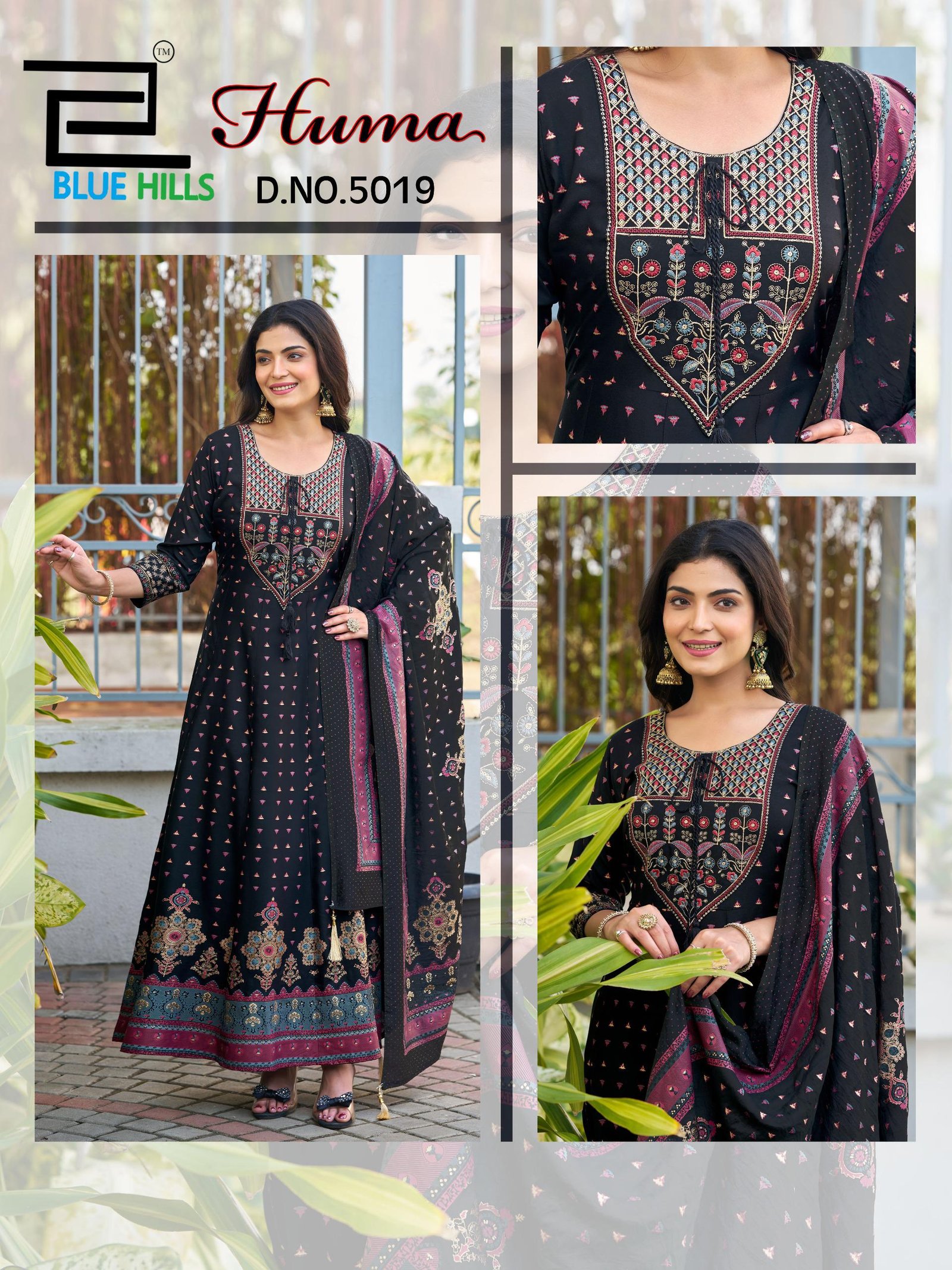 Launching Blue Hills Huma Rayon Chanderi Foil Print Embroidery Kurti Bottom With Dupatta Wholesale 2026