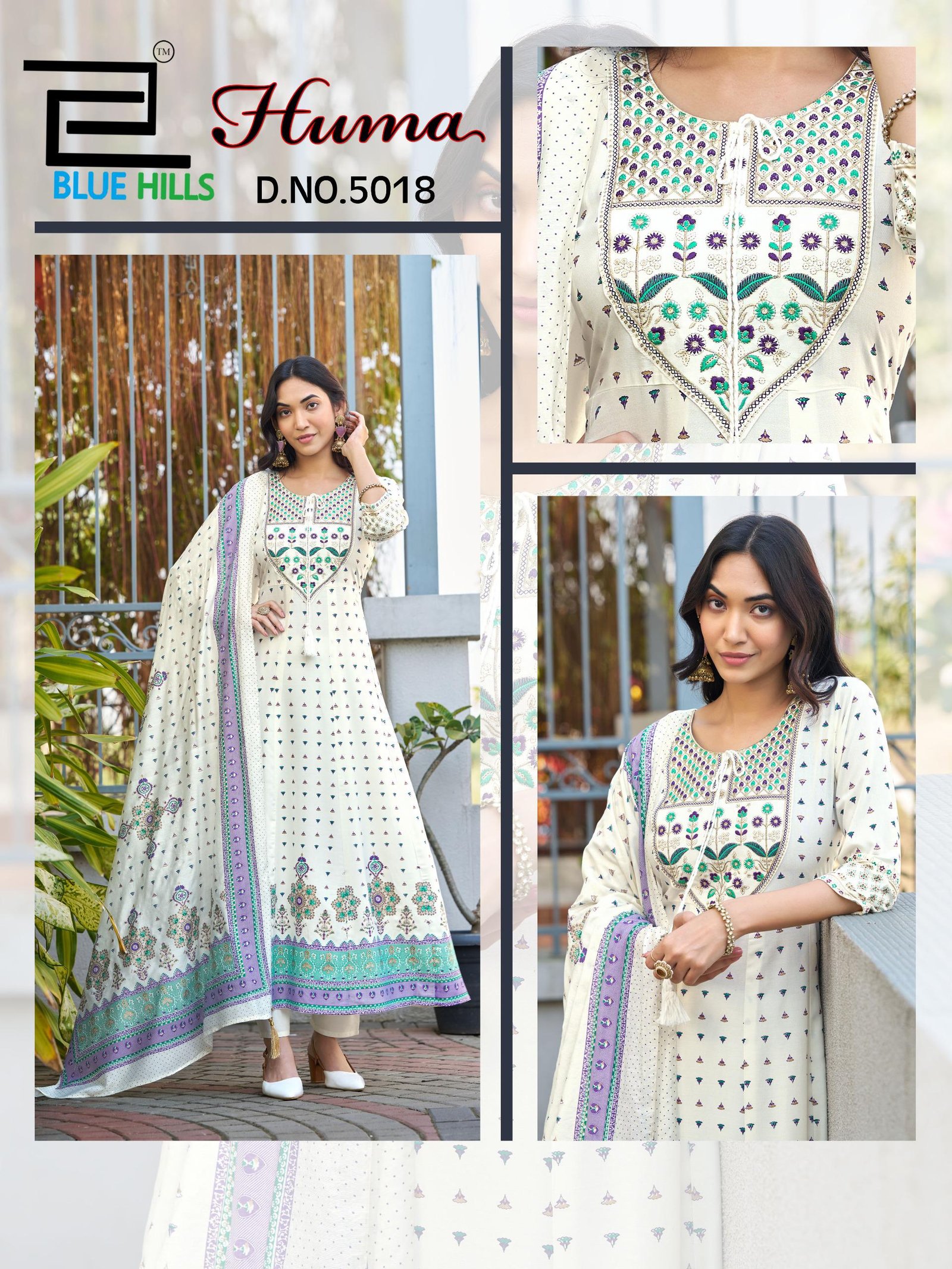 Launching Blue Hills Huma Rayon Chanderi Foil Print Embroidery Kurti Bottom With Dupatta Wholesale 2026