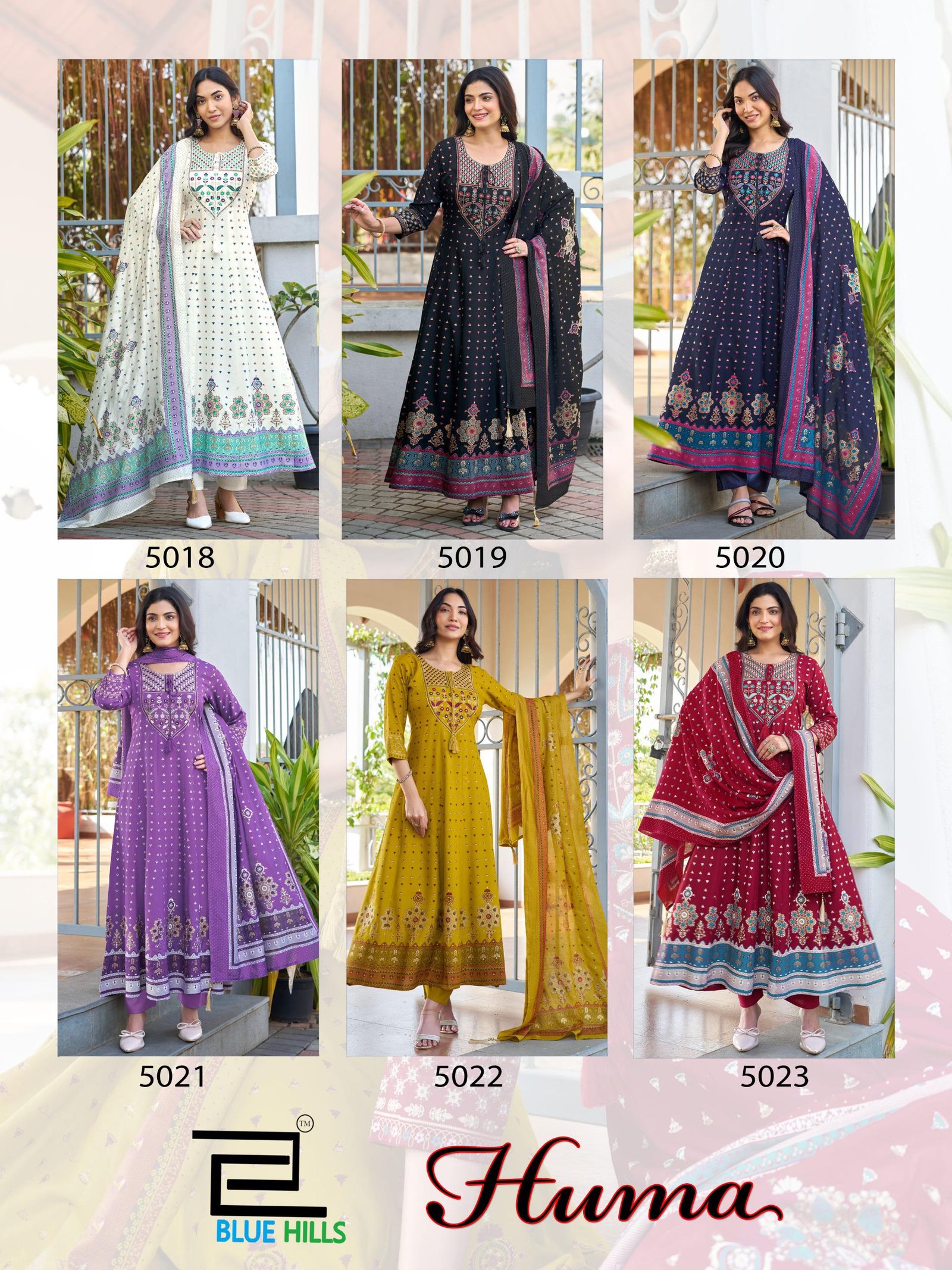 Launching Blue Hills Huma Rayon Chanderi Foil Print Embroidery Kurti Bottom With Dupatta Wholesale 2026