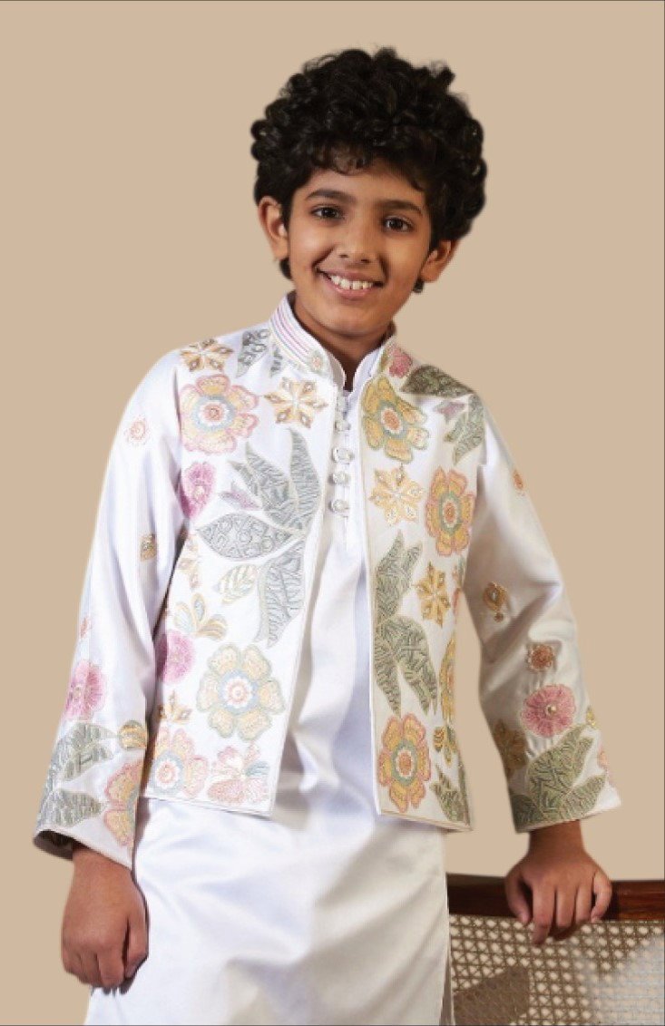 Clleora Little Carnival Satin Silk Threadwork Kurta Pant And Koti Collection Wholesale