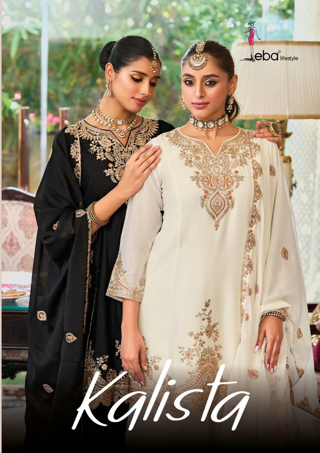 Eba Kalista Black And White Chinon Embroidery Work Top Bottom And Dupatta Wholesale