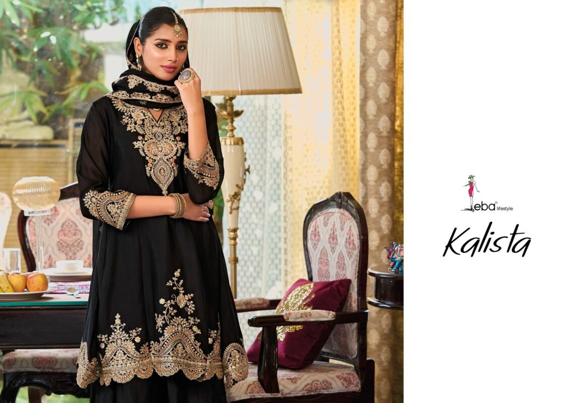 Launching Eba Kalista Black And White Chinon Embroidery Work Top Bottom And Dupatta Wholesale 2026