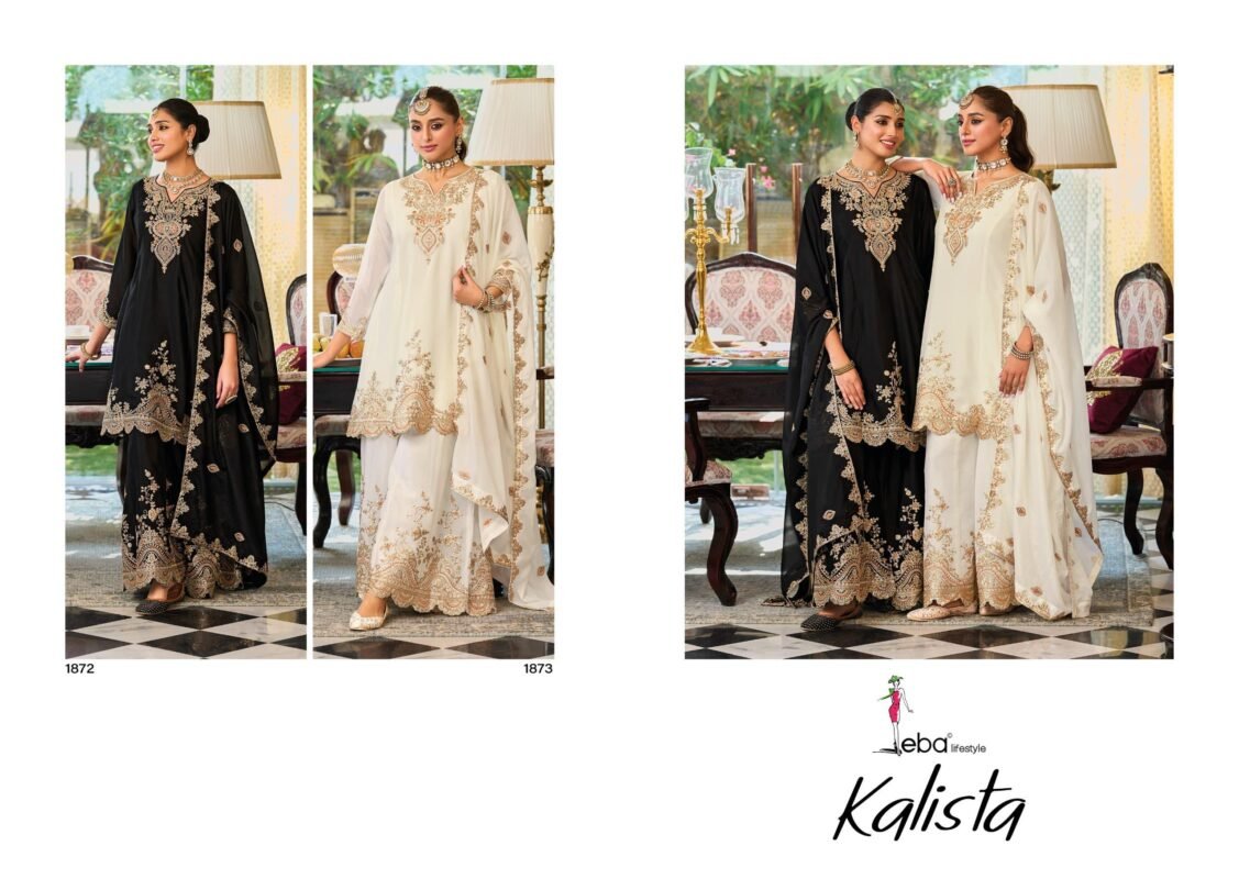 Launching Eba Kalista Black And White Chinon Embroidery Work Top Bottom And Dupatta Wholesale 2026