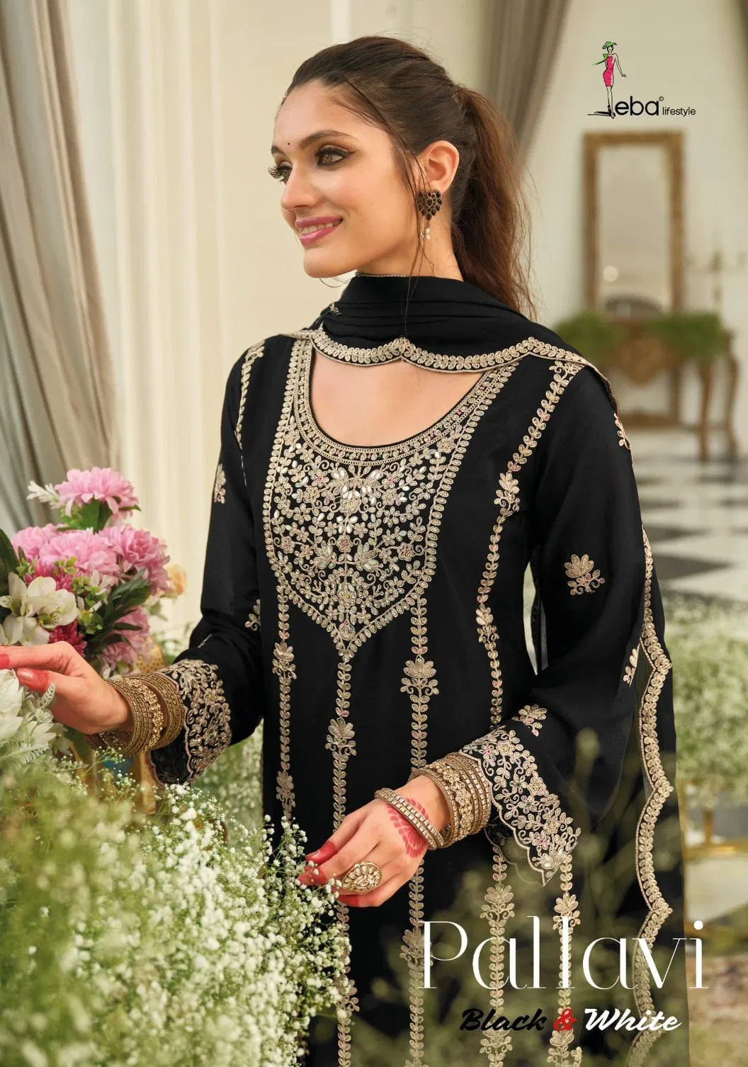 Eba Pallavi Black And White Chinon With Embroidery Top Bottom And Dupatta Collection Wholesale
