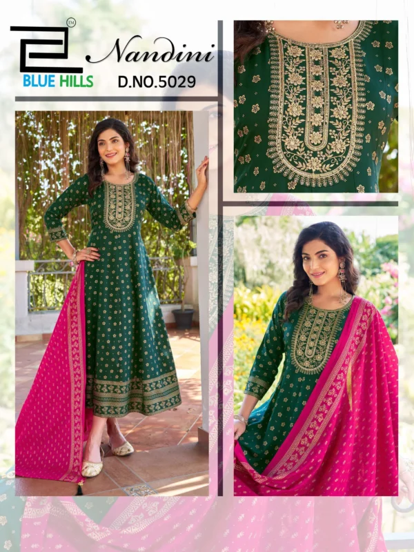Launching Blue Hills Nandini Rayon Foil Print Anarkali Gown With Dupatta Wholesale 2026