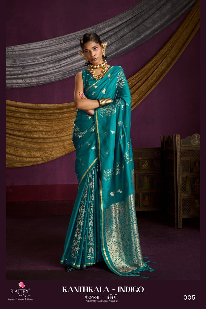 Latest Rajtex Kanthkala Indigo Satin Handloom Weaving Saree Collection Wholesale 2026