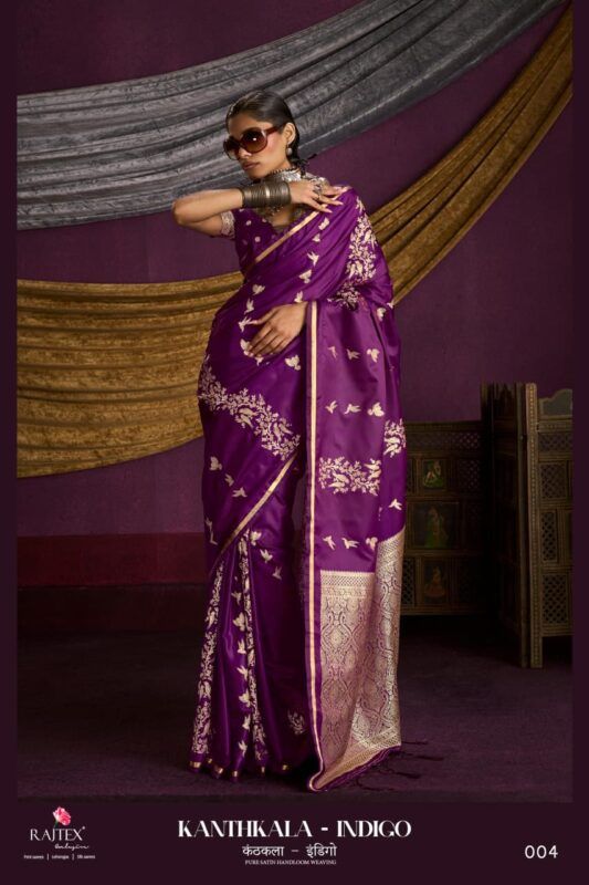 Latest Rajtex Kanthkala Indigo Satin Handloom Weaving Saree Collection Wholesale 2026