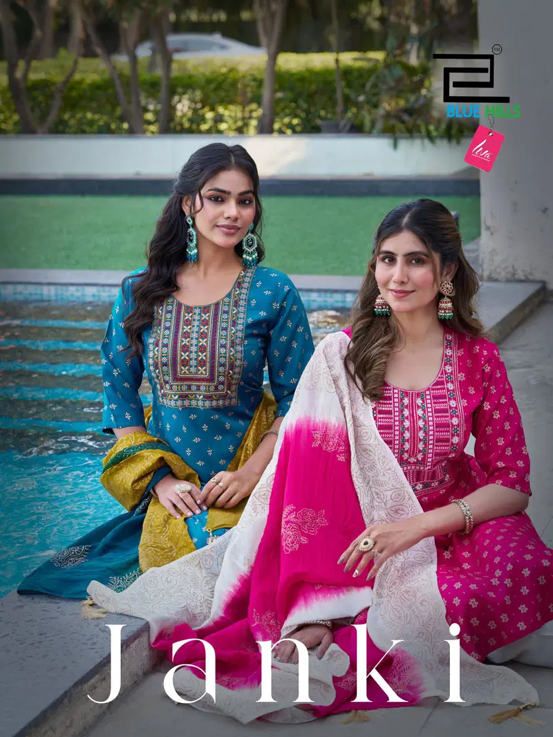 Blue Hills Janki Rayon With Thread Embroidery Work Top Bottom Dupatta Wholesale