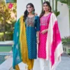 Beautiful Blue Hills Janki Rayon With Thread Embroidery Work Top Bottom Dupatta Wholesale 2026