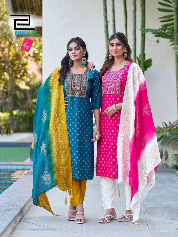 Beautiful Blue Hills Janki Rayon With Thread Embroidery Work Top Bottom Dupatta Wholesale 2026