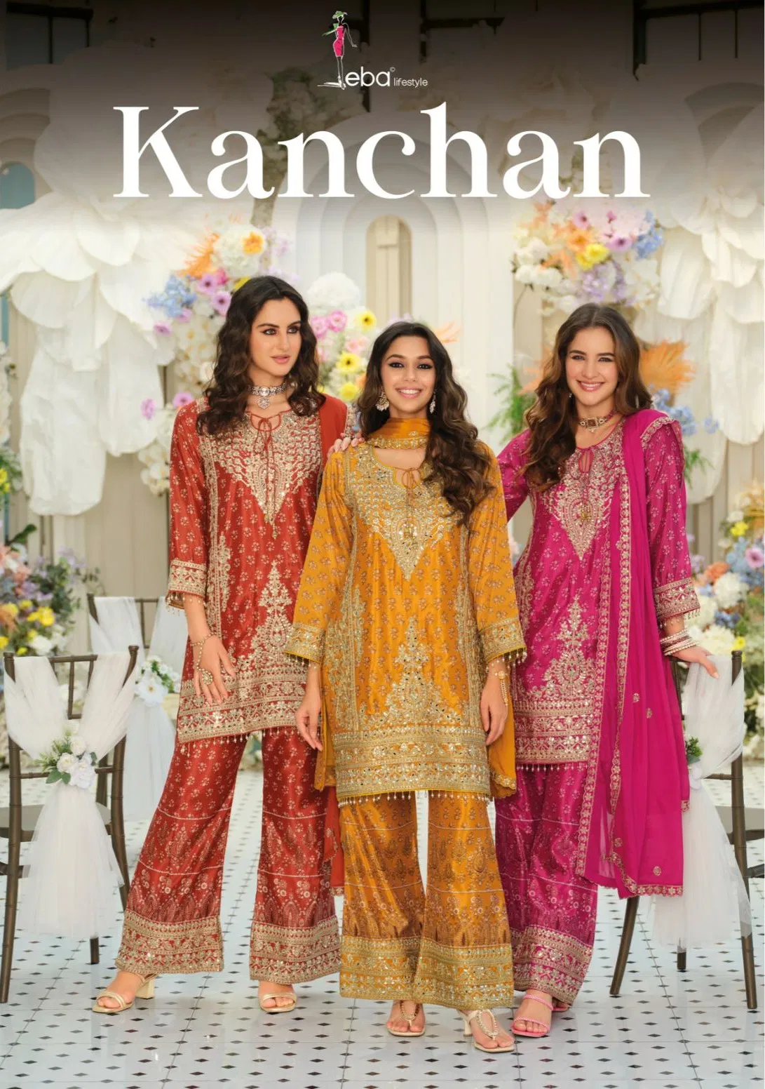 Eba Kanchan Chinon With Embroidery Work Top Bottom And Dupatta Wholesale