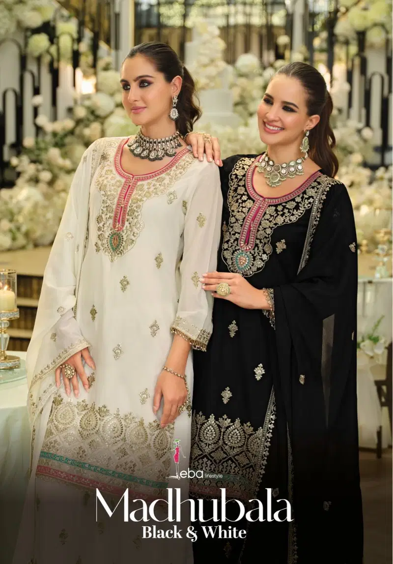 Eba Madhubala Black And White Chinon Embroidery Top Bottom And Dupatta Wholesale