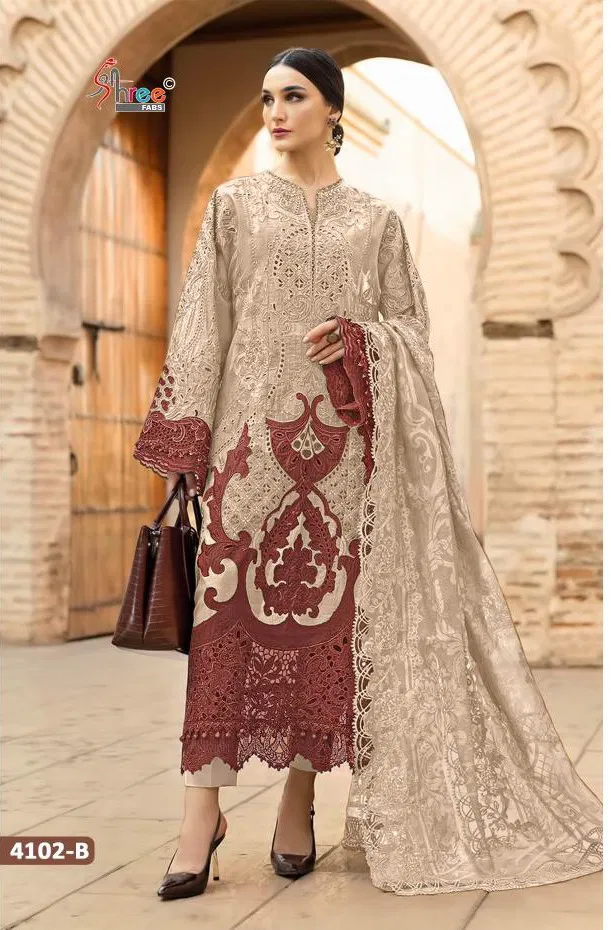 Shree Mariya B Premium Embroidered 4102 Cotton Dupatta Pakistani Suits Wholesale
