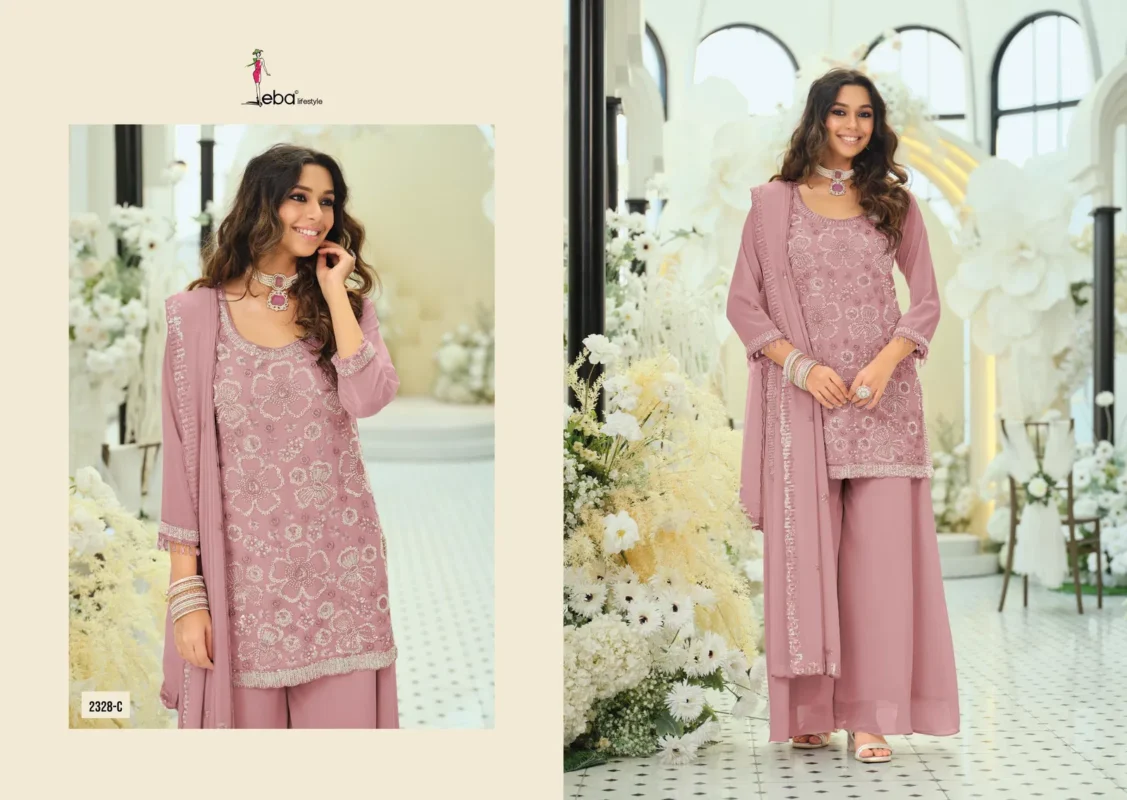 Latest Eba Rosy Color Georgette With Beats Work Designer Top Bottom And Dupatta Wholesale 2026