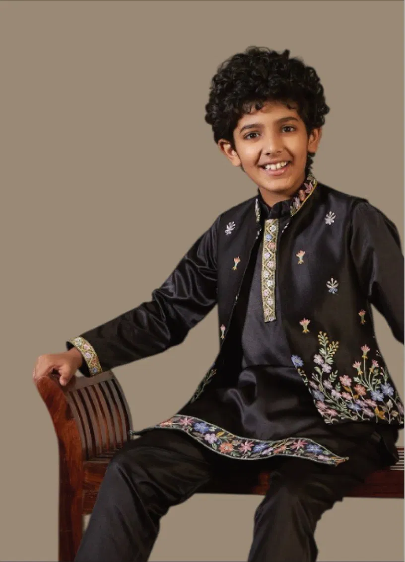 Clleora Mini Maharaj Satin Thread Embroidered Work Kurta Pant And Koti Wholesale