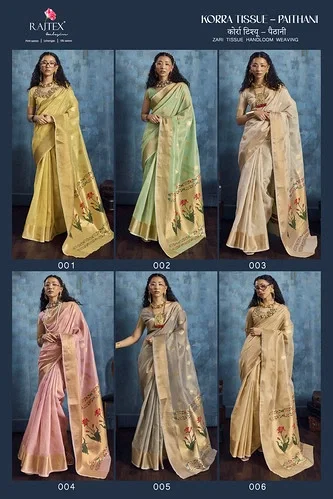 Beautiful Rajtex Korra Tissue Paithani Zari Tissue Handloom Weaving Saree Collection Wholesale 2026