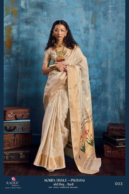 Beautiful Rajtex Korra Tissue Paithani Zari Tissue Handloom Weaving Saree Collection Wholesale 2026