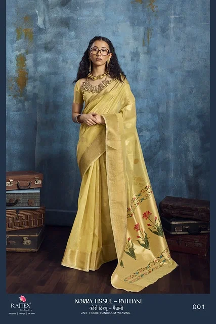 Beautiful Rajtex Korra Tissue Paithani Zari Tissue Handloom Weaving Saree Collection Wholesale 2026