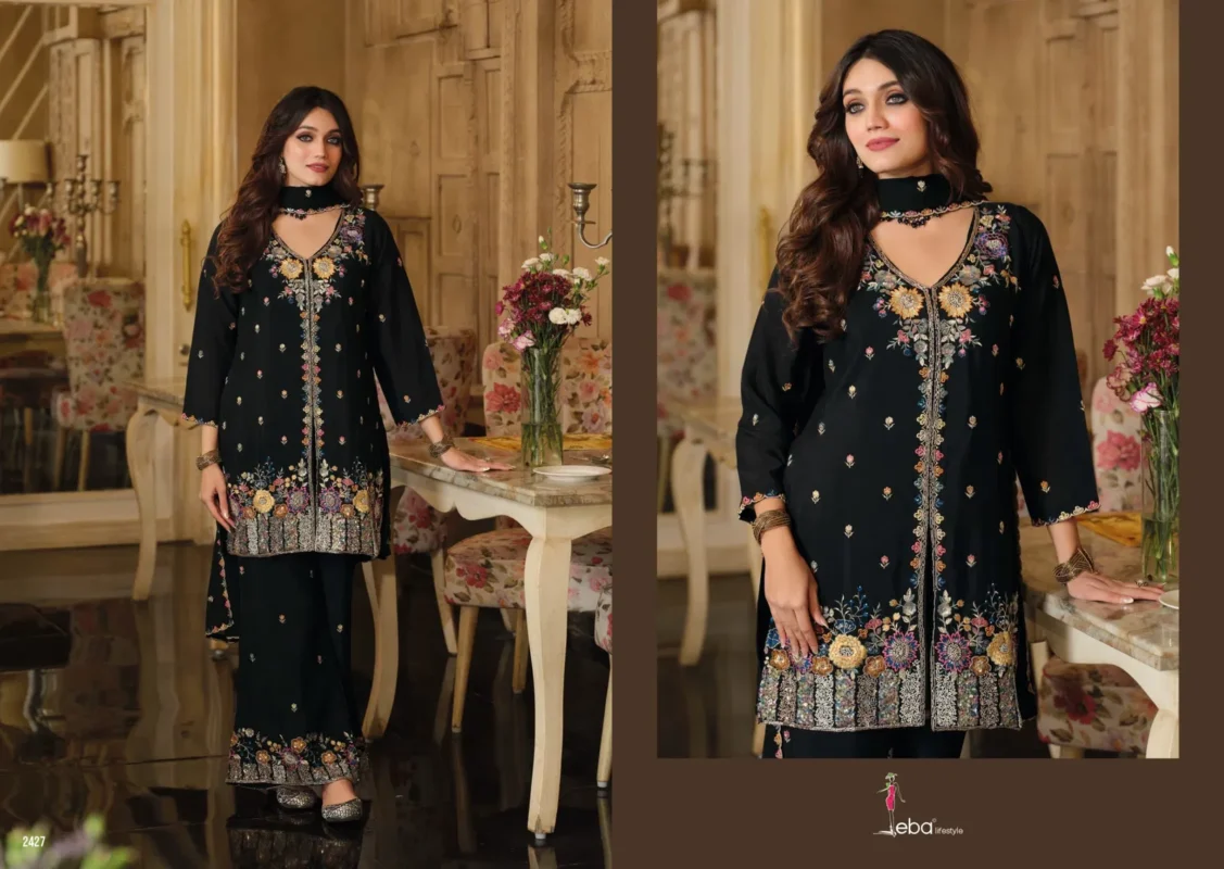 Stylish Eba Sanvi Black And White Chinon With Beats Work Top Plazzo And Dupatta Wholesale 2026