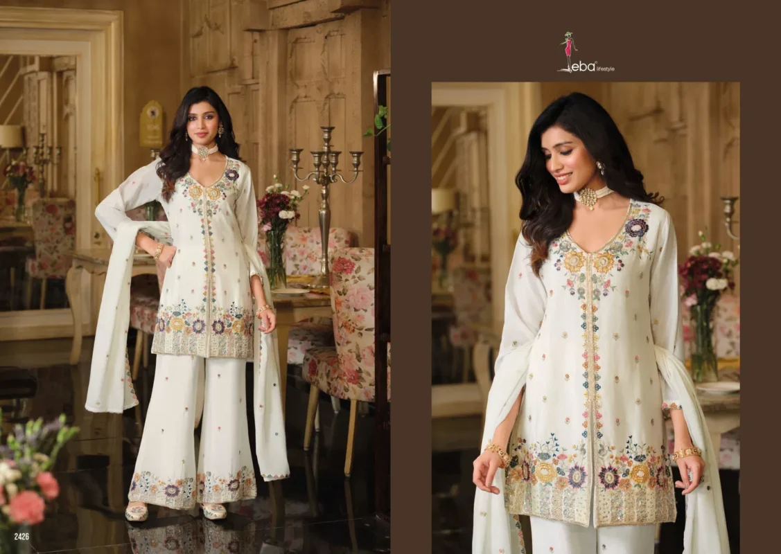 Stylish Eba Sanvi Black And White Chinon With Beats Work Top Plazzo And Dupatta Wholesale 2026