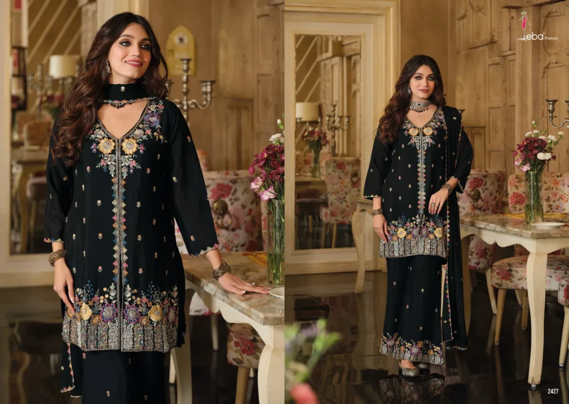Stylish Eba Sanvi Black And White Chinon With Beats Work Top Plazzo And Dupatta Wholesale 2026