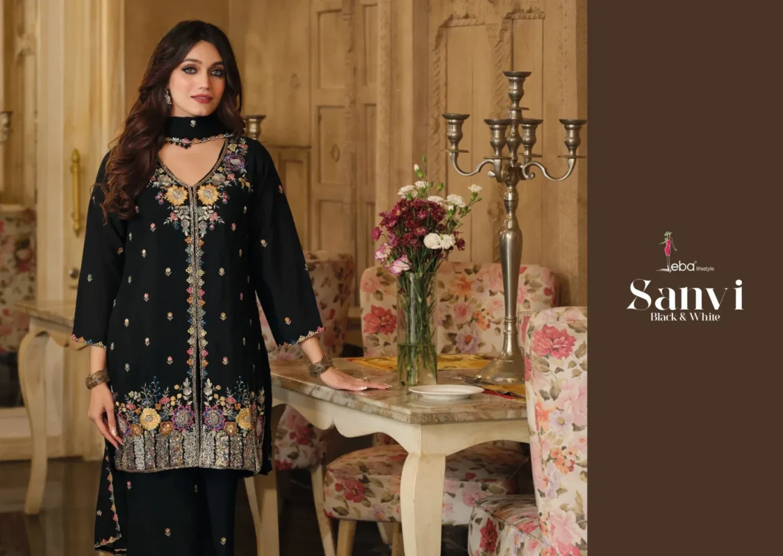 Stylish Eba Sanvi Black And White Chinon With Beats Work Top Plazzo And Dupatta Wholesale 2026