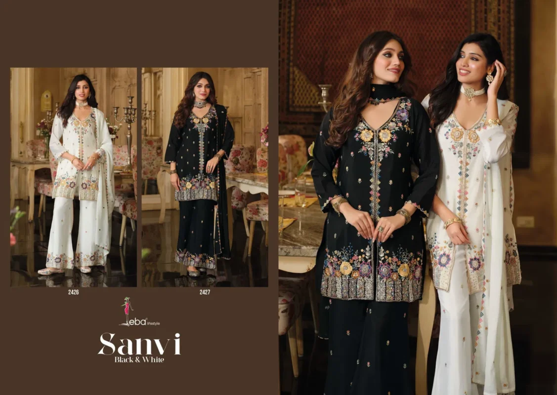 Stylish Eba Sanvi Black And White Chinon With Beats Work Top Plazzo And Dupatta Wholesale 2026