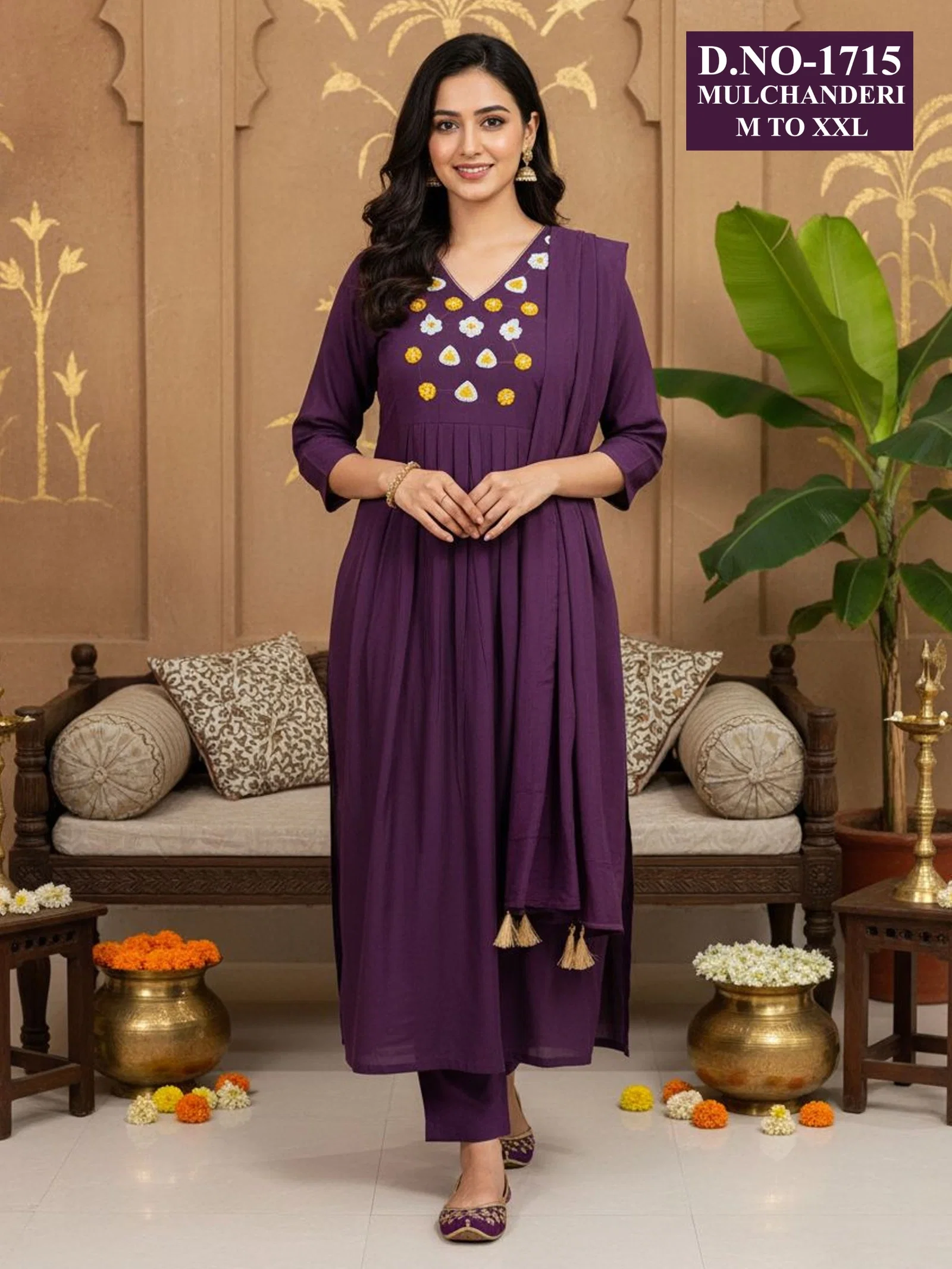 Dnp Aarti 1715 Chanderi Mul Handwork Anarkali Top With Bottom And Dupatta Collection Wholesale