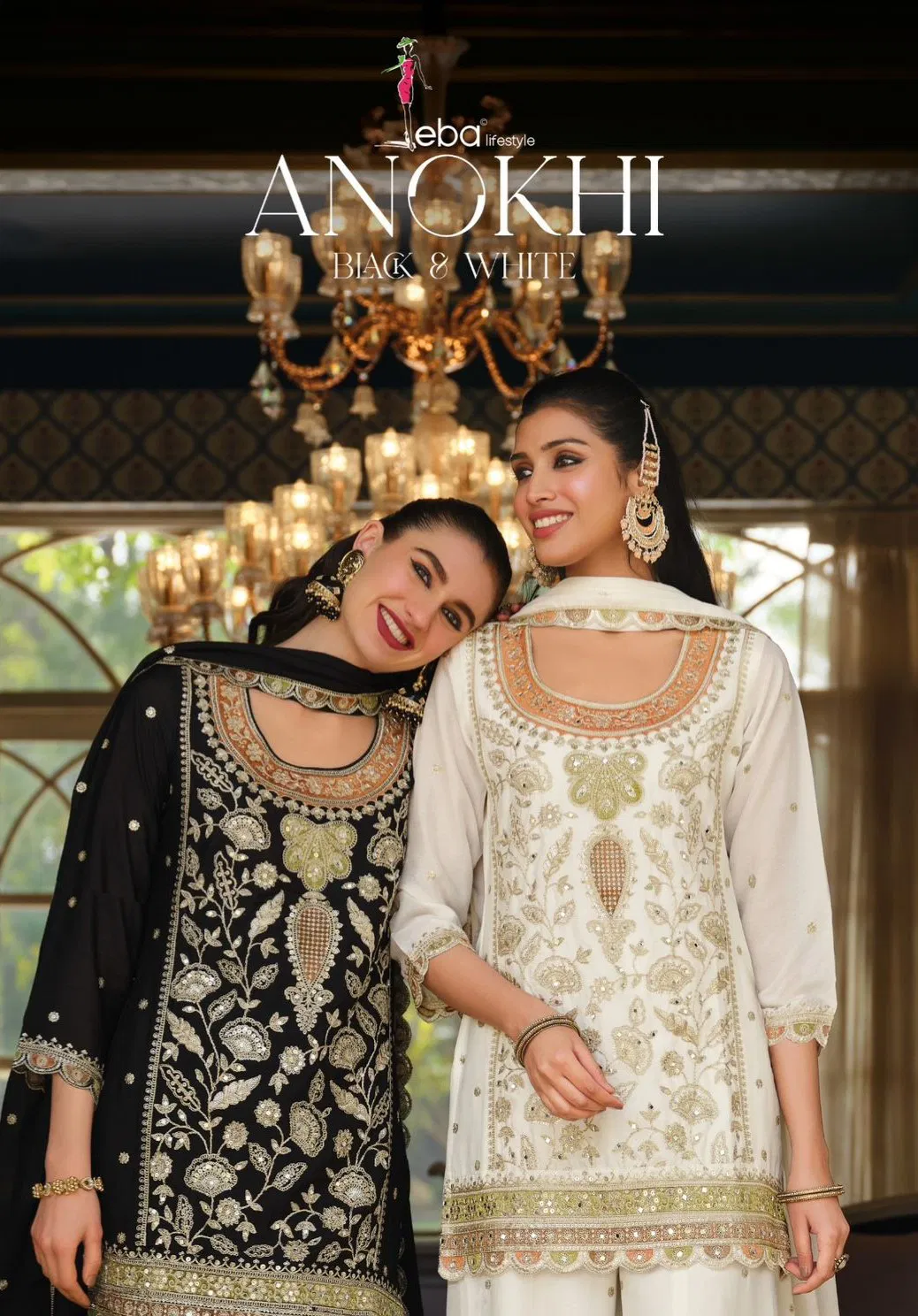 Eba Anokhi Black And White Chinon With Embroidery Worked Top Bottom And Dupatta Wholesale