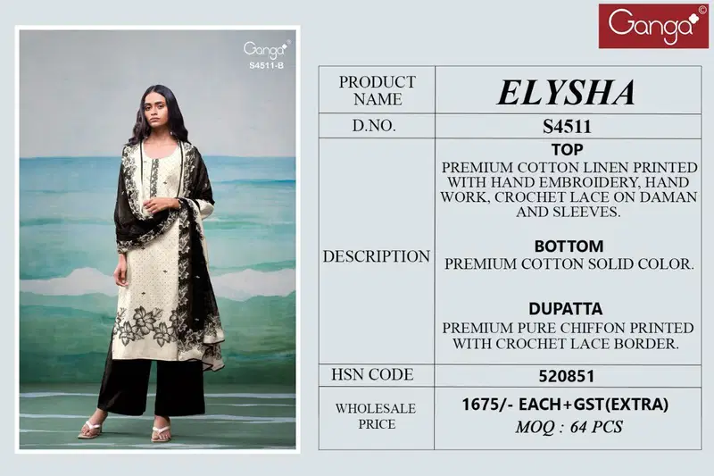 Stylish Ganga Elysha S 4511 Cotton Linen Handworked Dress Material Wholesale 2026
