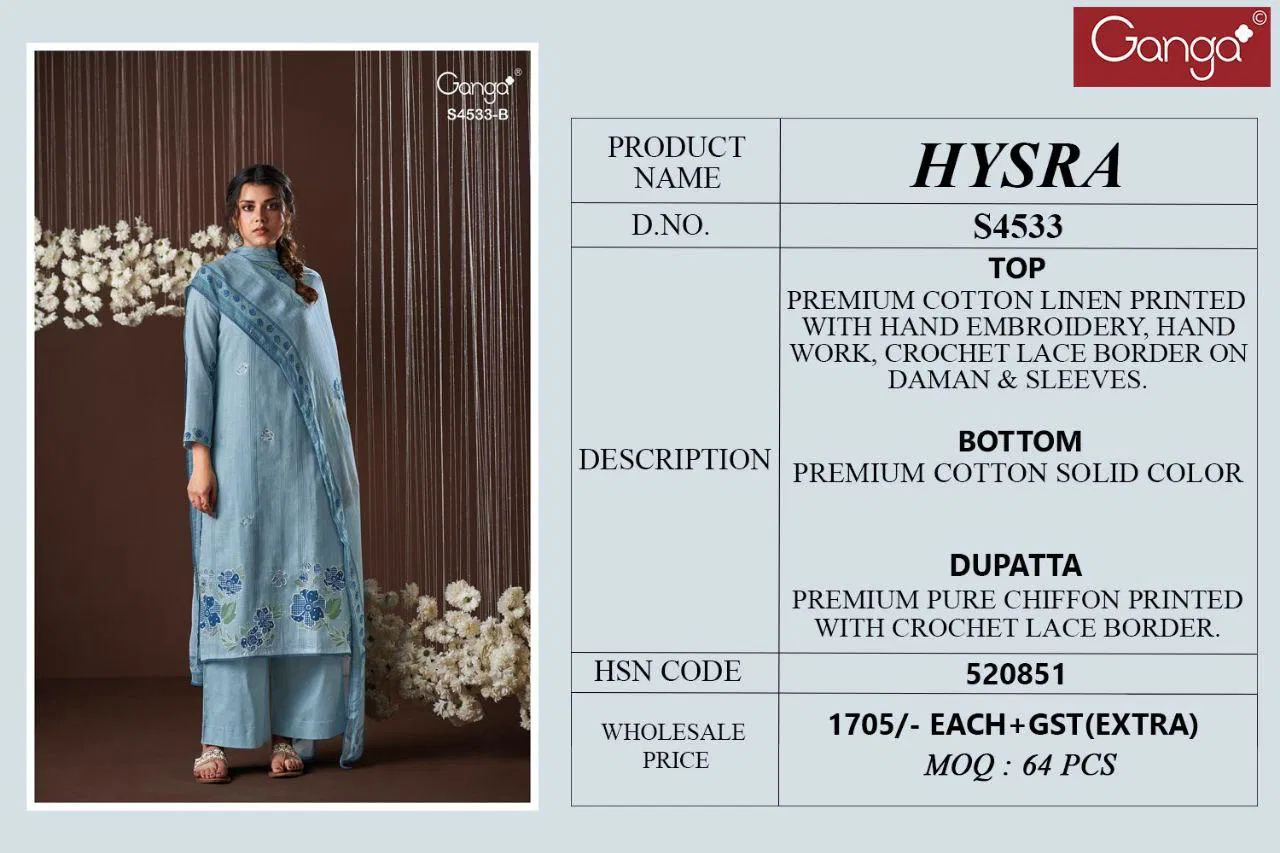 Beautiful Ganga Hysra S 4533 Cotton Linen With Hand Embroidered Salwar Kameez Wholesale 2026