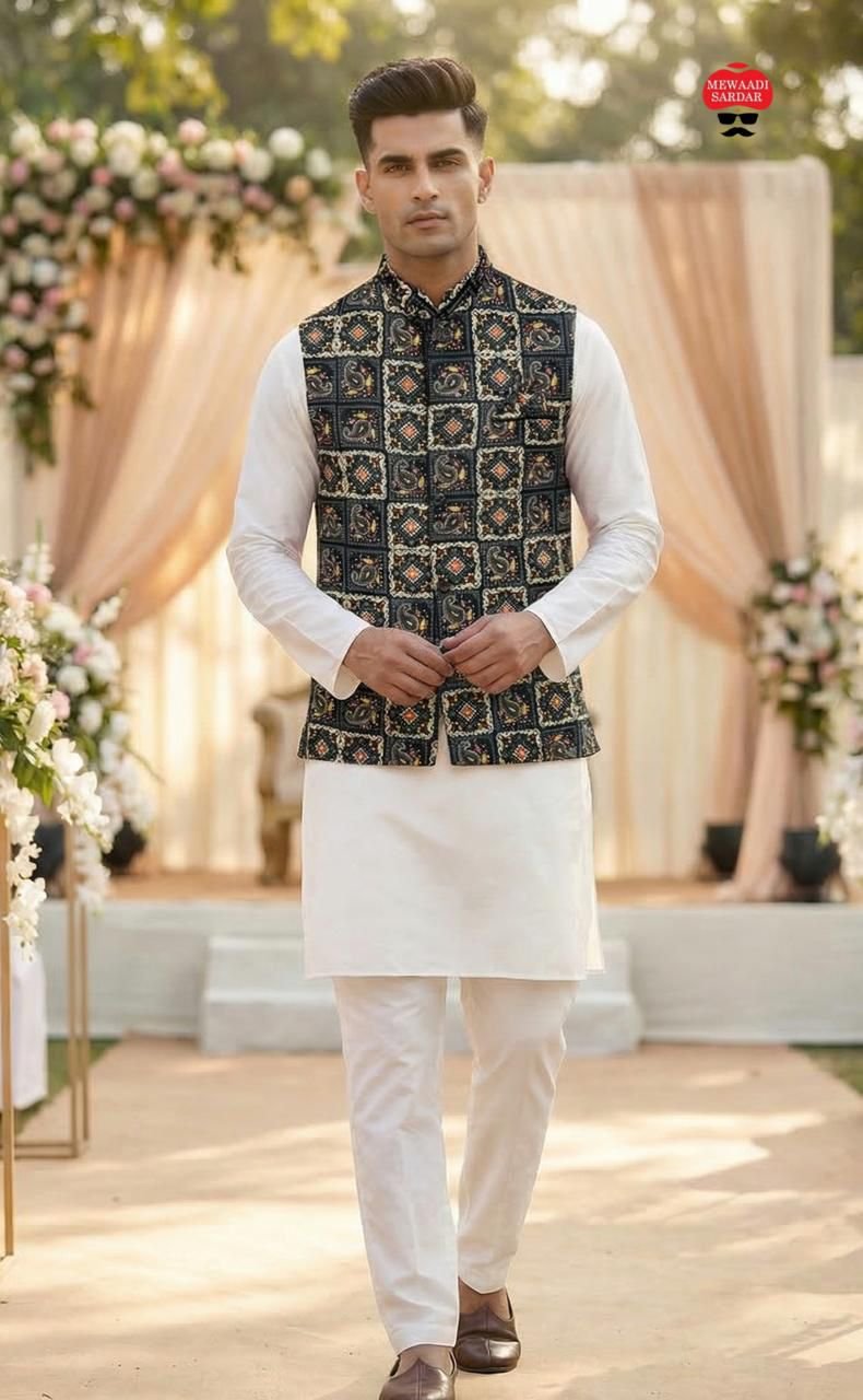 Stylish Lekha LI Raj Tilak Malai Satin Mens Kurta Pajama With Koti Wholesale 2026