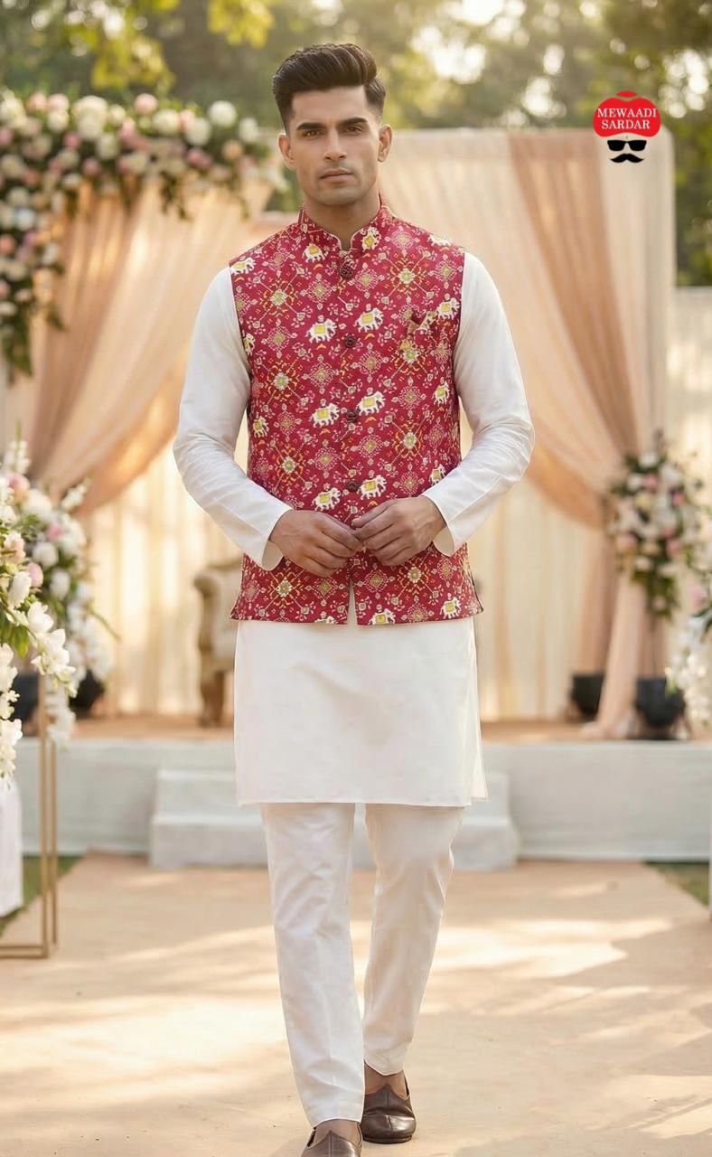 Stylish Lekha LI Raj Tilak Malai Satin Mens Kurta Pajama With Koti Wholesale 2026