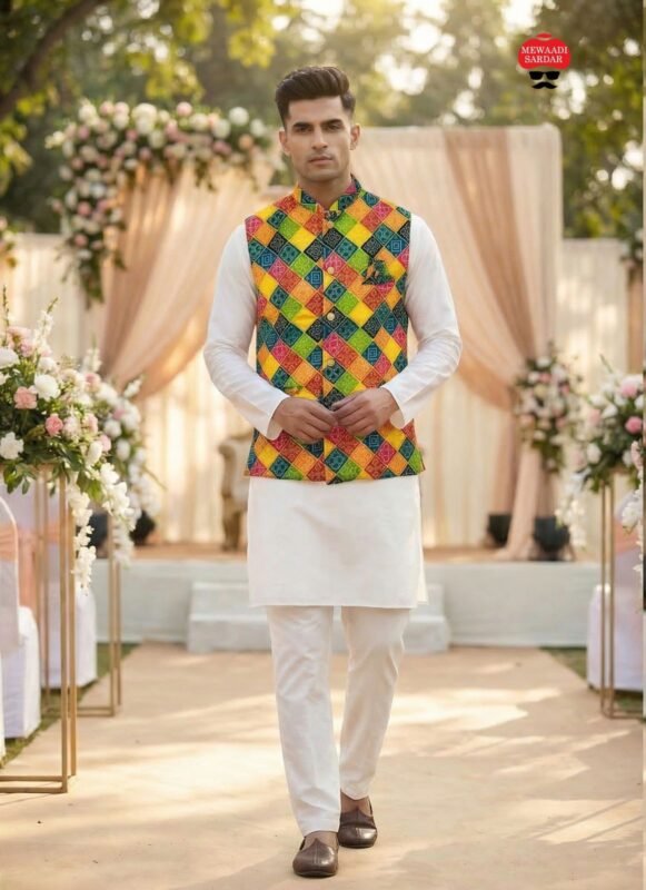 Stylish Lekha LI Raj Tilak Malai Satin Mens Kurta Pajama With Koti Wholesale 2026