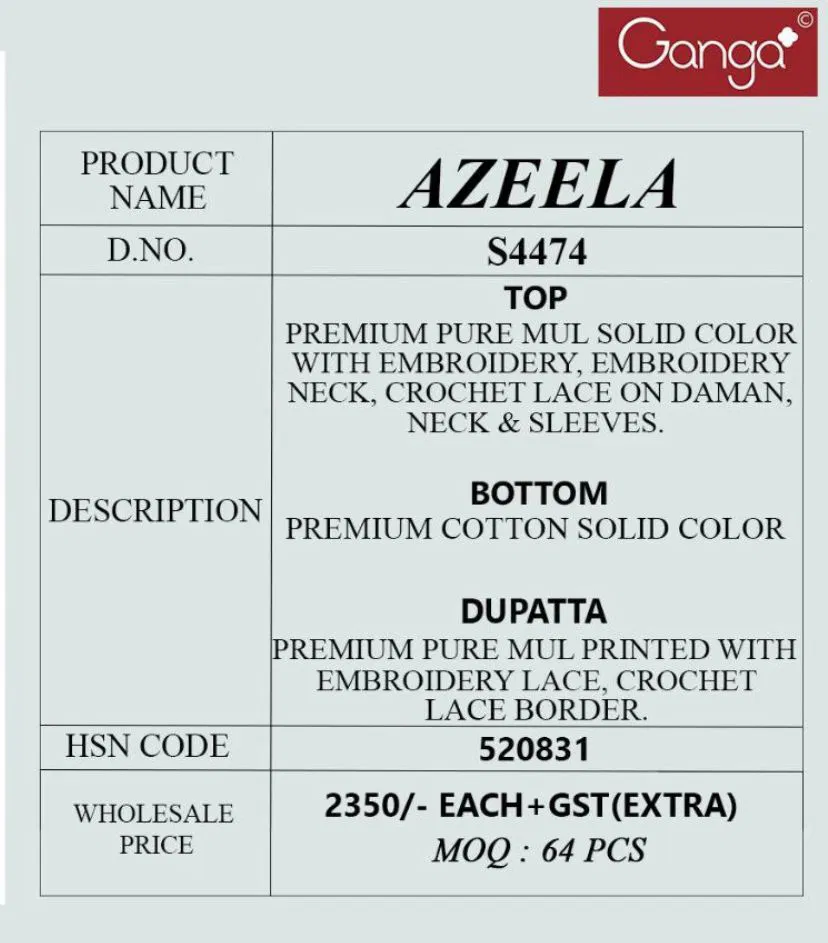 Stylish Ganga Azeela S 4474 Mul Solid Embroidered Salwar Kameez Wholesale 2026