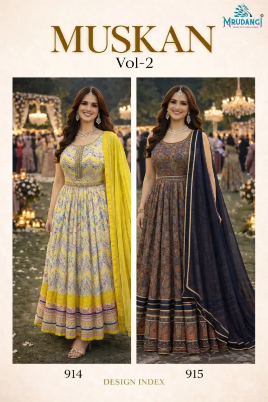 Buy Mrudangi Muskan Vol 2 Soft Dola Silk Printed With Handworked Gown With Dupatta Collection Wholesale 2026