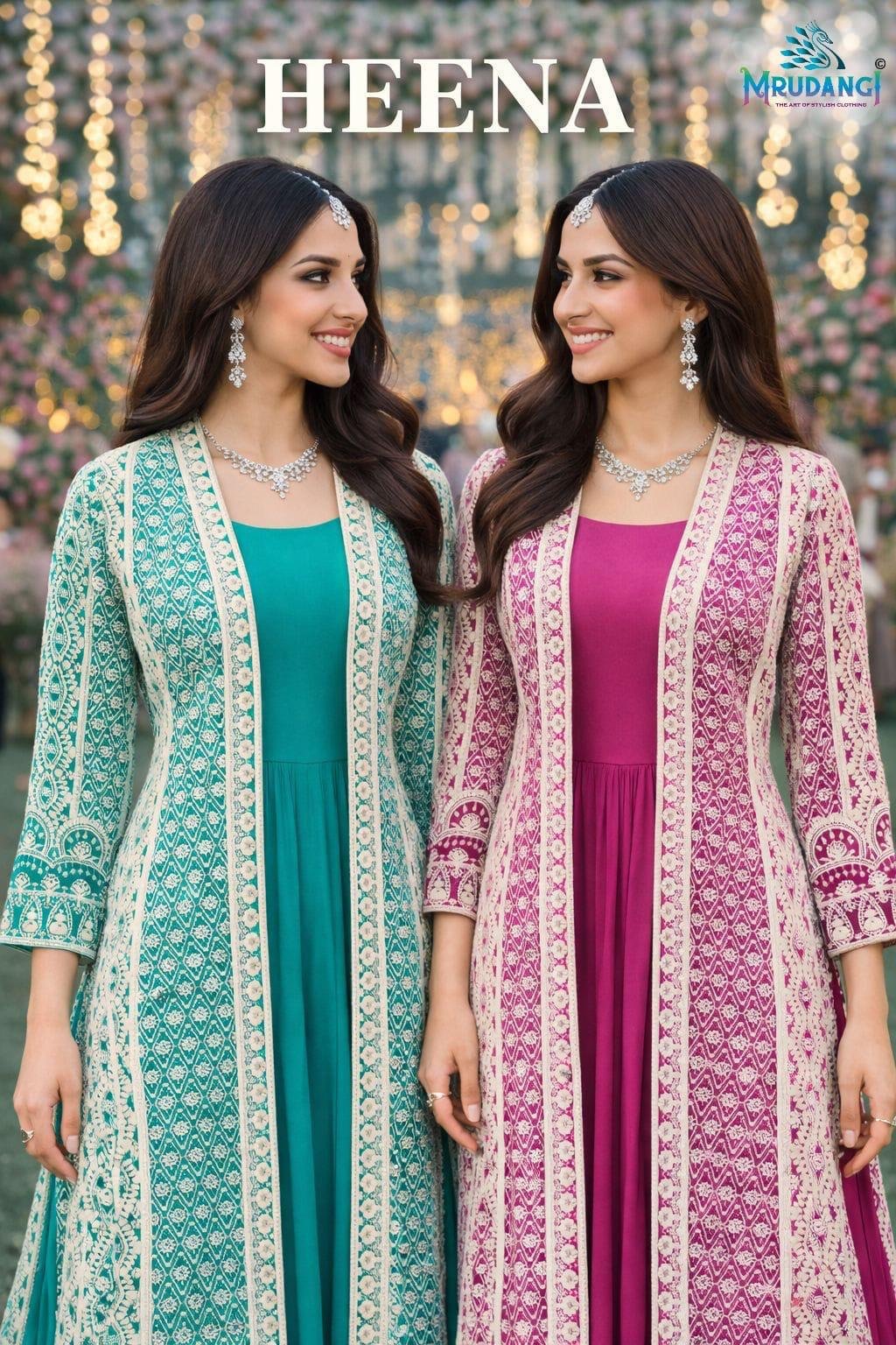 Mrudangi Heena Real Chinon Silk Embroidery Designer Jacket With Gown Collection Wholesale