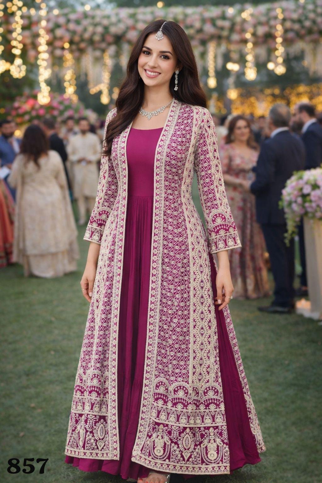 Mrudangi Heena Real Chinon Silk Embroidery Designer Jacket With Gown Collection Wholesale