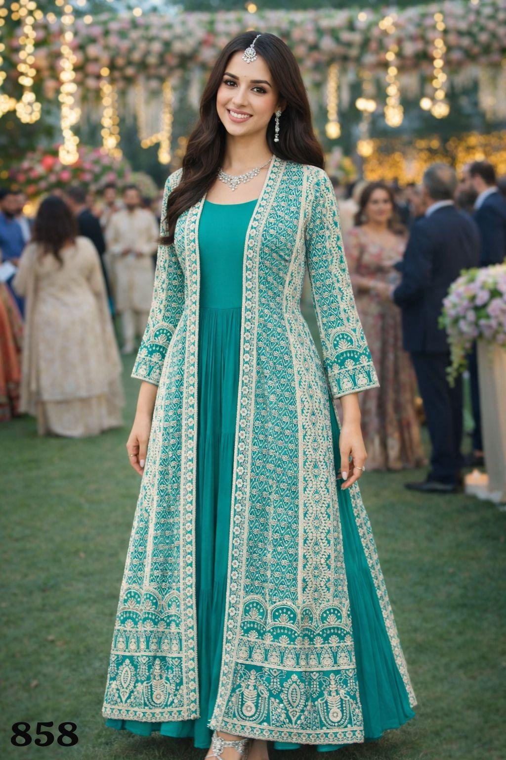 Mrudangi Heena Real Chinon Silk Embroidery Designer Jacket With Gown Collection Wholesale