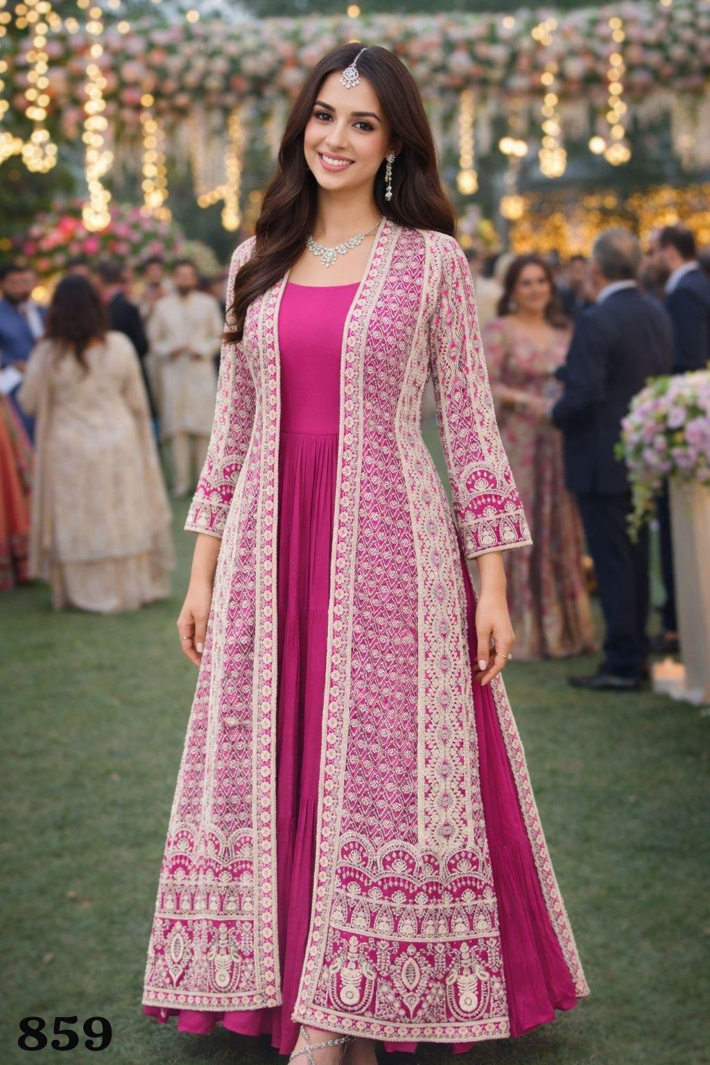 Mrudangi Heena Real Chinon Silk Embroidery Designer Jacket With Gown Collection Wholesale