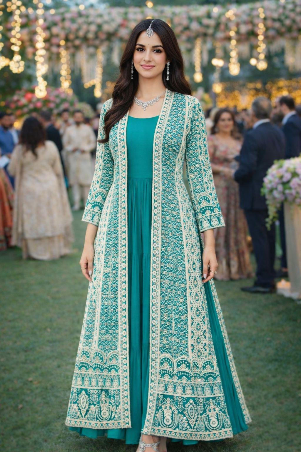 Mrudangi Heena Real Chinon Silk Embroidery Designer Jacket With Gown Collection Wholesale