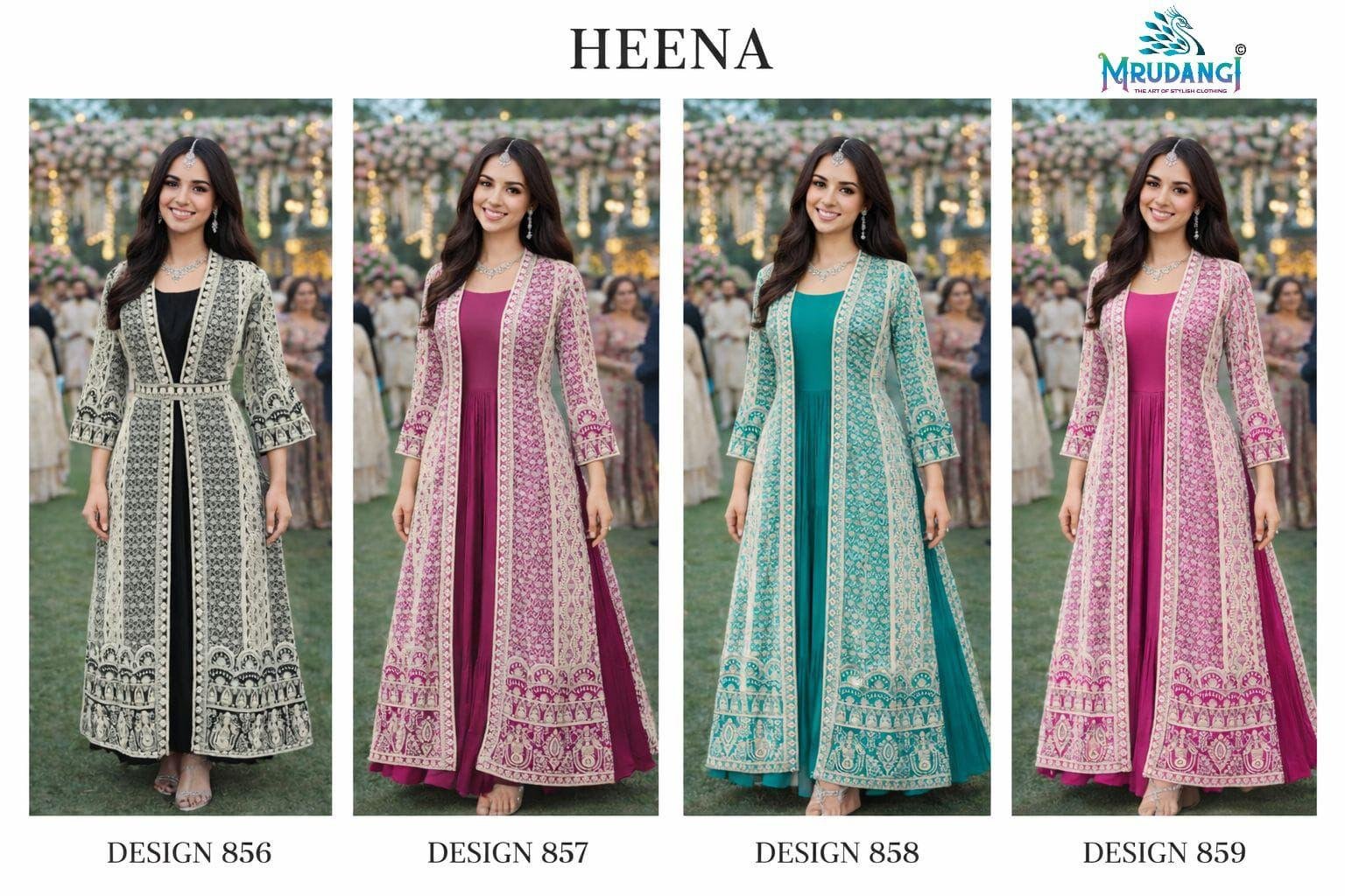 Mrudangi Heena Real Chinon Silk Embroidery Designer Jacket With Gown Collection Wholesale