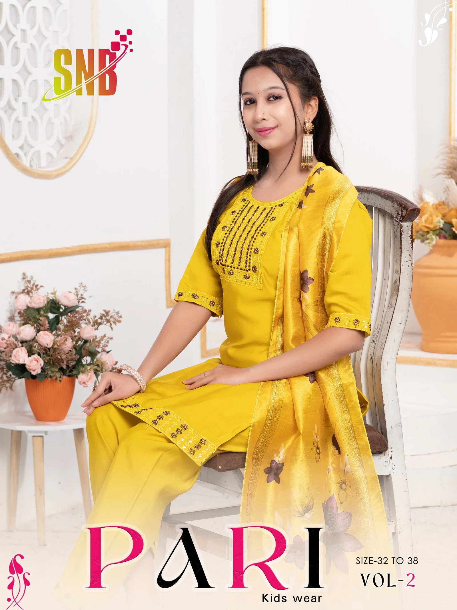 Dnp Pari Roman Silk Kids Kurti Pant With Dupatta Wholesale