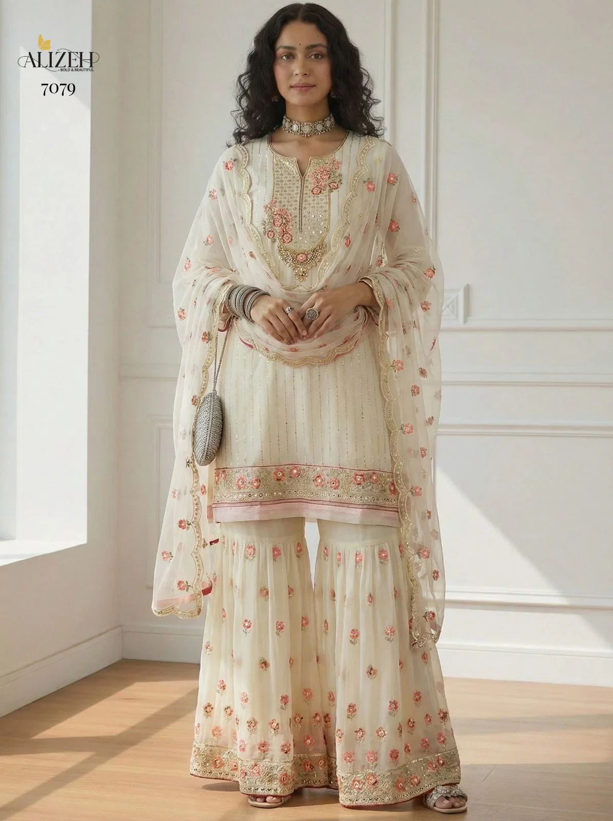 Alizeh 7079 Georgette Embroidered With Sequence Worked Top Sharara And Dupatta Wholesale