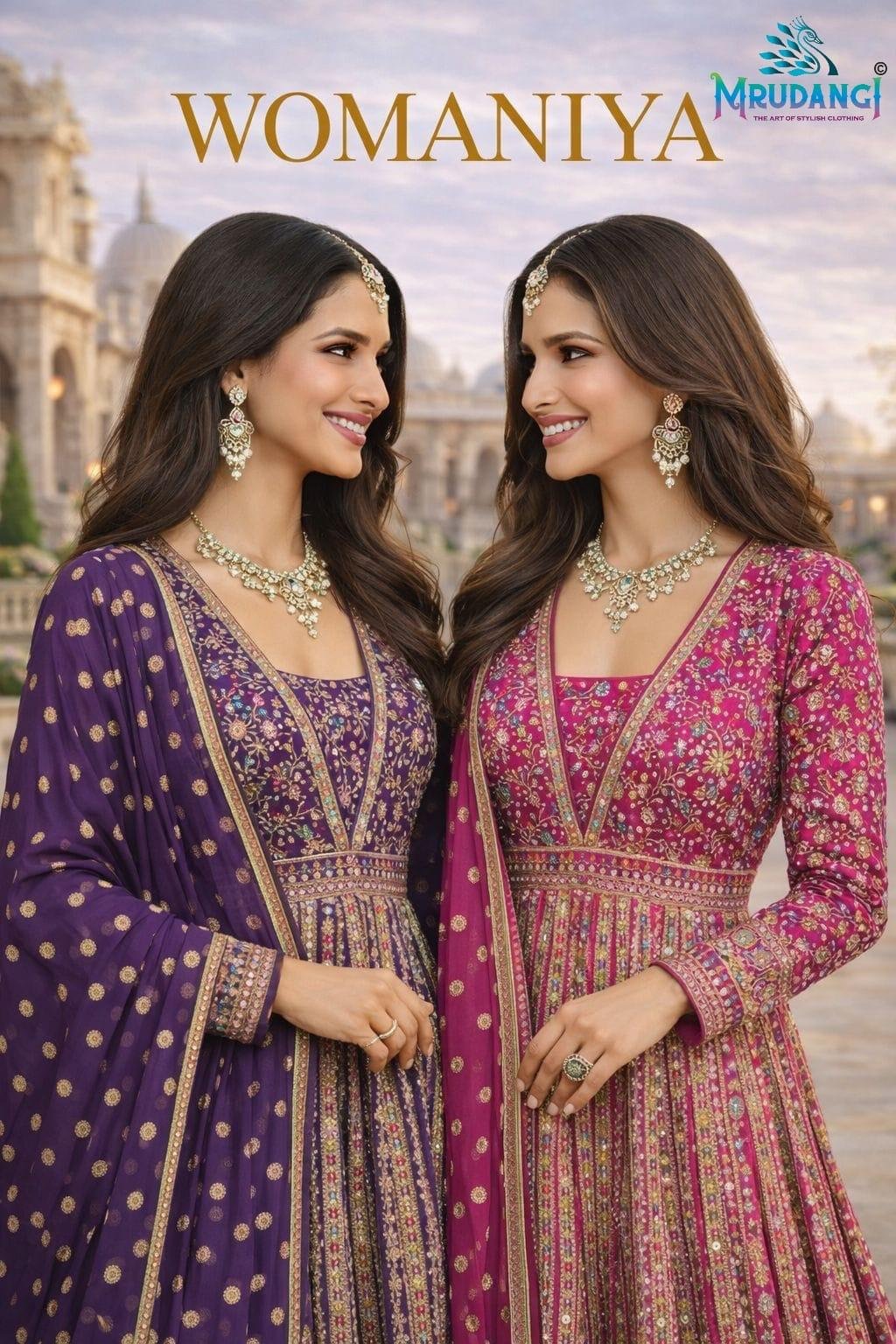 Mrudangi Womeniya Georgette Embroidered Gown With Dupatta Collection Wholesale