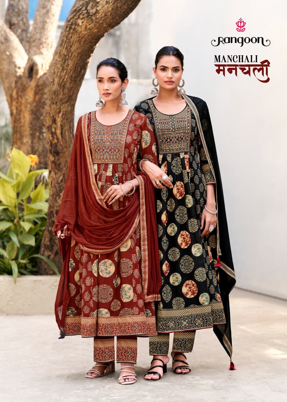 Rangoon Manchali Cotton Printed Hand Worked Embroidered Kurti With Bottom Dupatta Wholesale