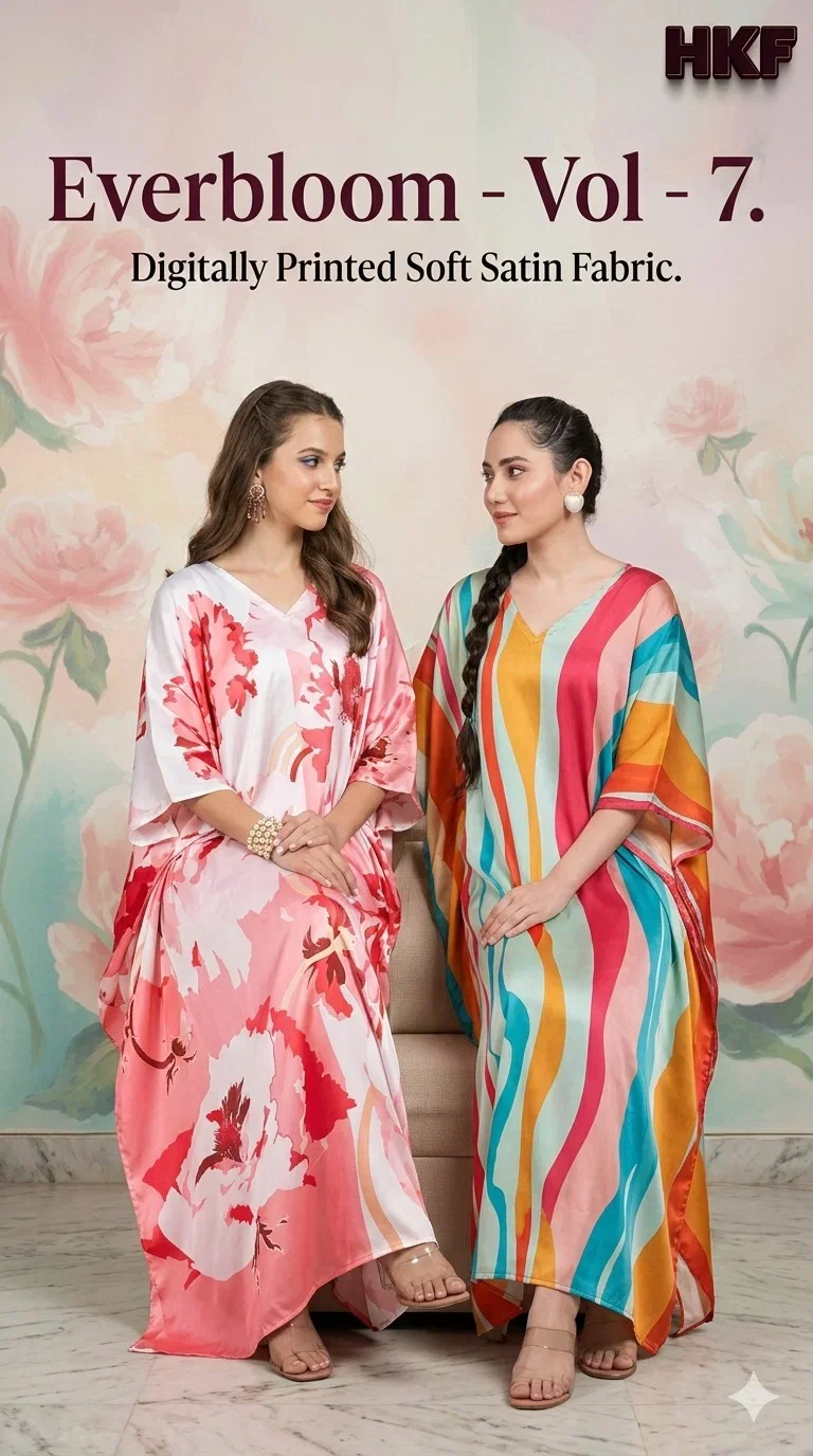Hkf Everbloom Kaftan Vol 7 Soft Satin Printed Fancy Kaftan Collection Wholesale