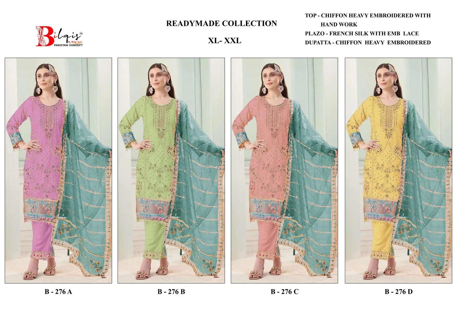 Latest Bilqis B 276 A To D Chiffon Embroidered Readymade Salwar Kameez Collection Wholesale 2026