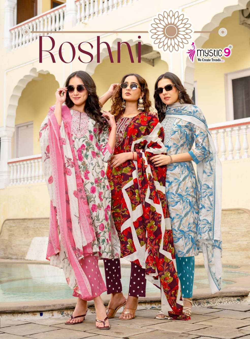 Mystic 9 Roshani Vol 1 Premium Quality Cambric Cotton on Straight Kurta With Bottom And Dupatta Wholesale