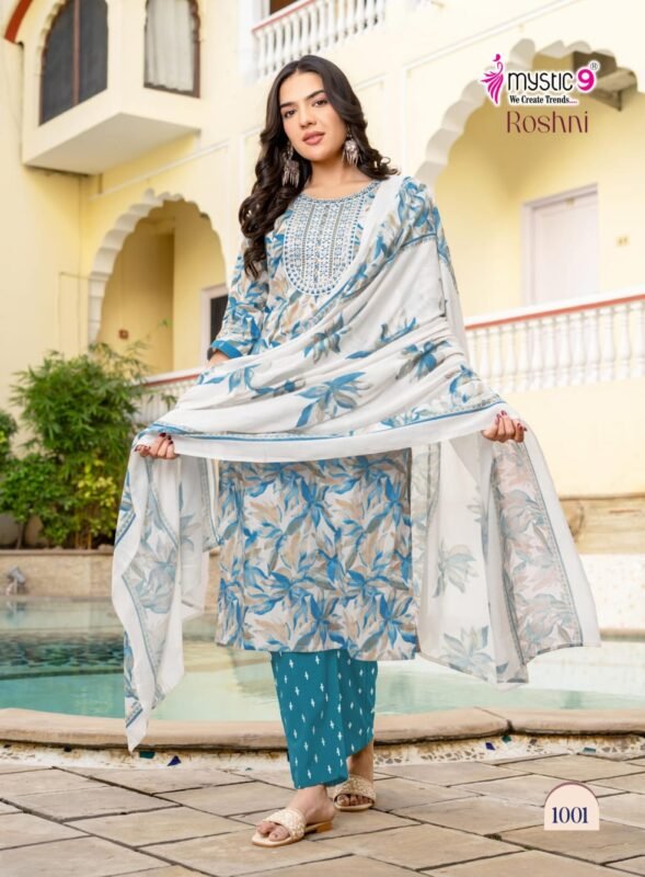 Buy Mystic 9 Roshani Vol 1 Premium Quality Cambric Cotton on Straight Kurta With Bottom And Dupatta Wholesale 2026